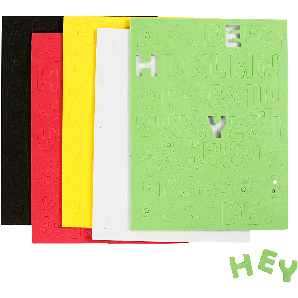 Creativ company eva foam letters numbers, sheet 15x21 cm, size 2-2.3 cm, thickness 2 mm, various colors, 5 sheets 1 box