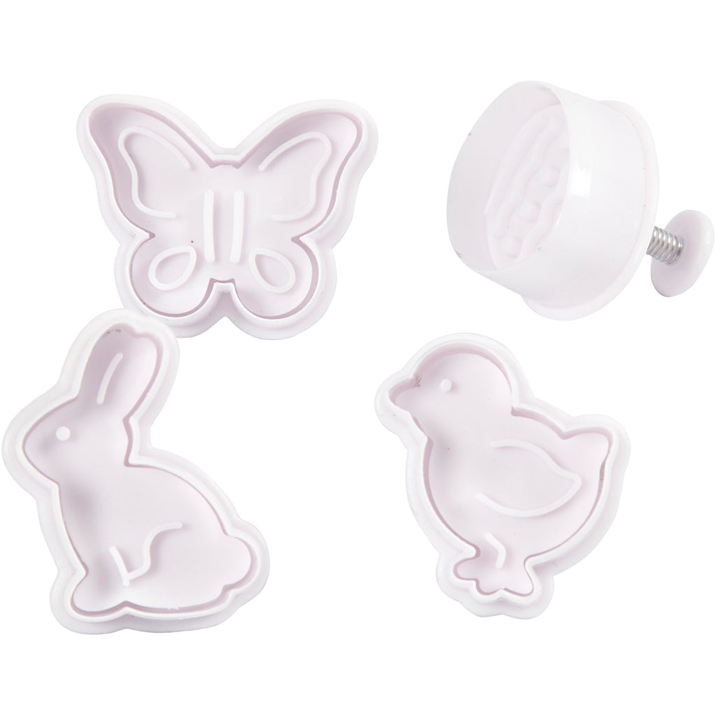 Creative company cookie cutters with stamp, Easter egg, bunny, chicken, butterfly, h: 5 cm, white, 4 pieces 1 box