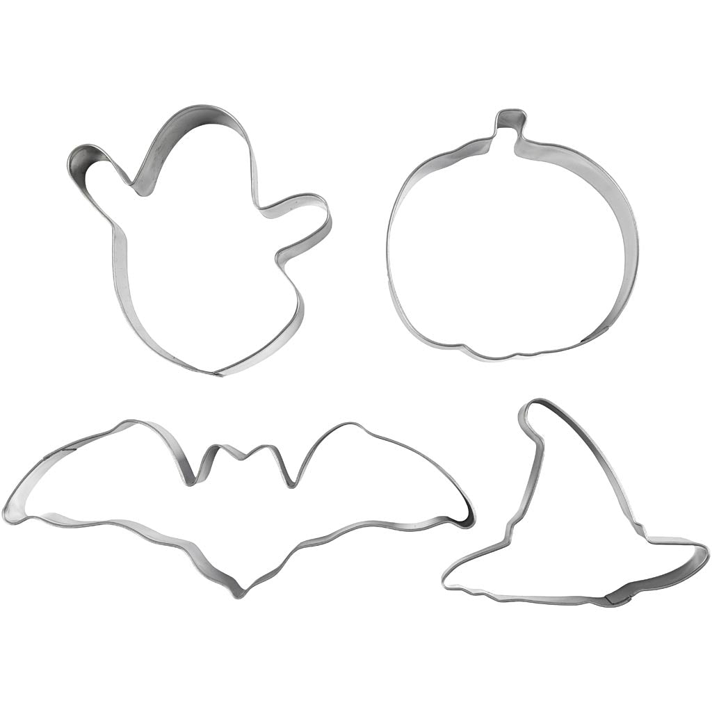 Creativ company cookie cutters, ghost, pumpkin, witch hat, bat, h: 2 cm, size 7-12.4 cm, 4 pieces 1 box
