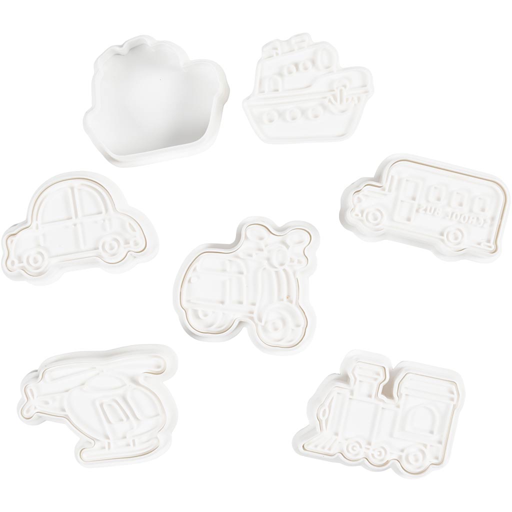 Creativ company cookie cutters with stamp, transport, size 3.5-5.5 cm, white, 6 pieces 1 box