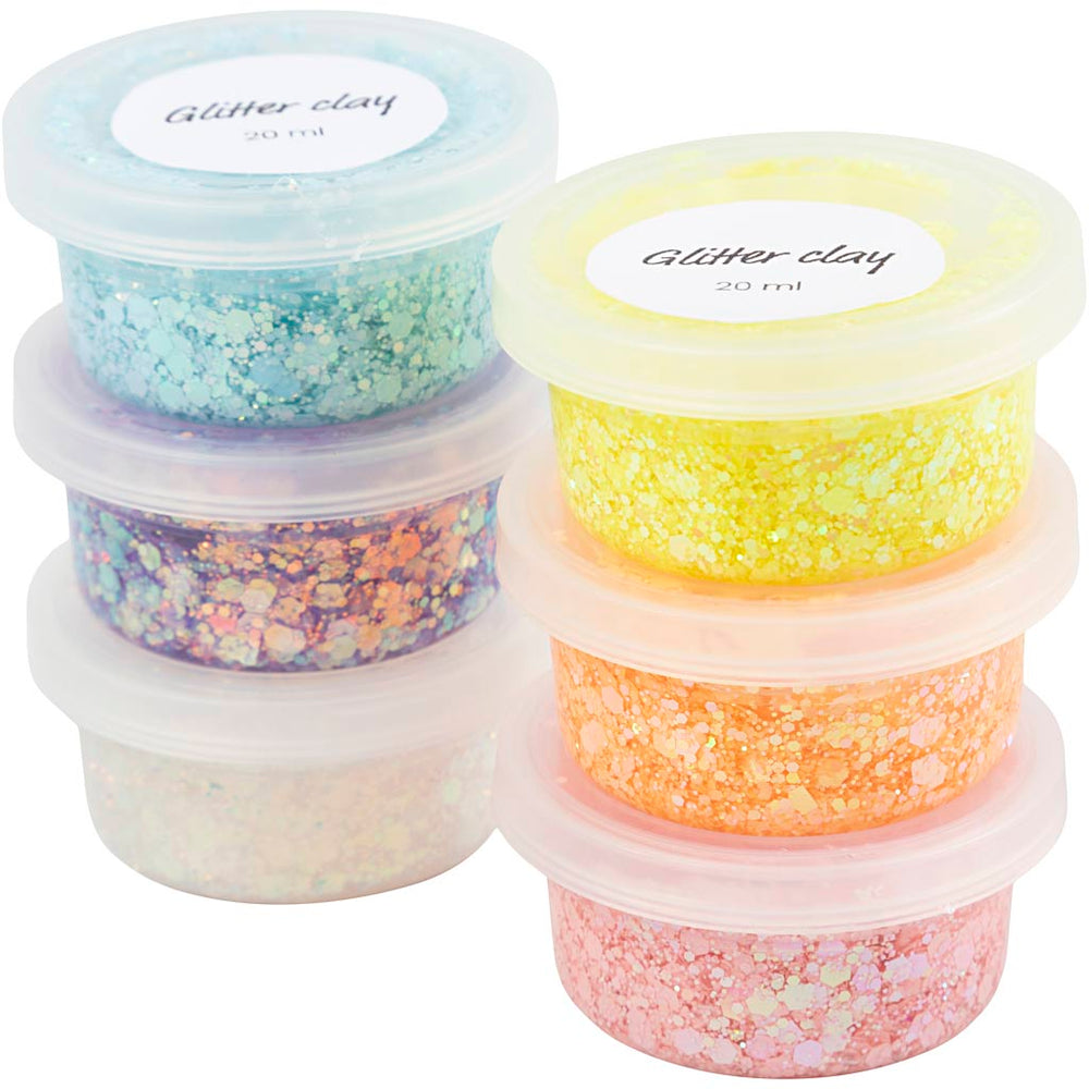 Creativ company glitter clay, pastel colors, 6x20 ml 1 box