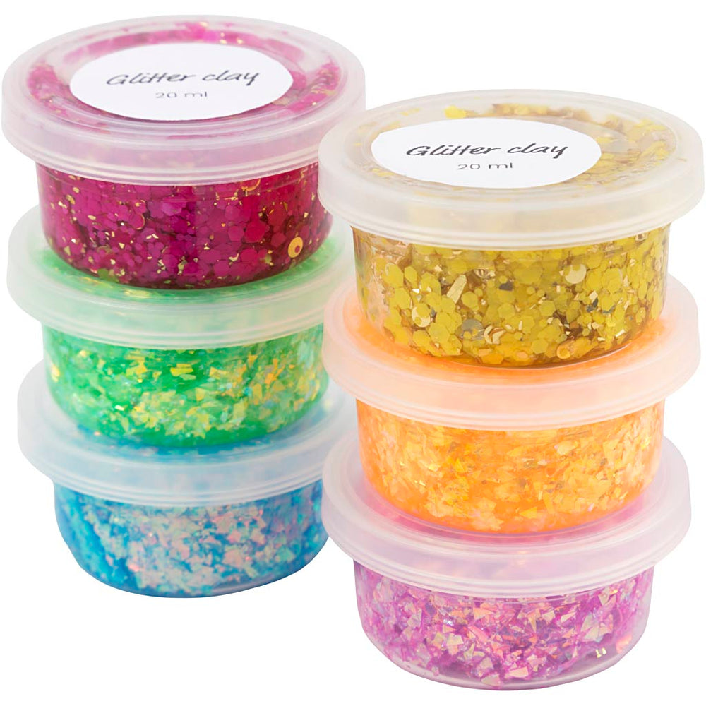 Creativ company glitter clay, cheerful colors, 6x20 ml 1 box