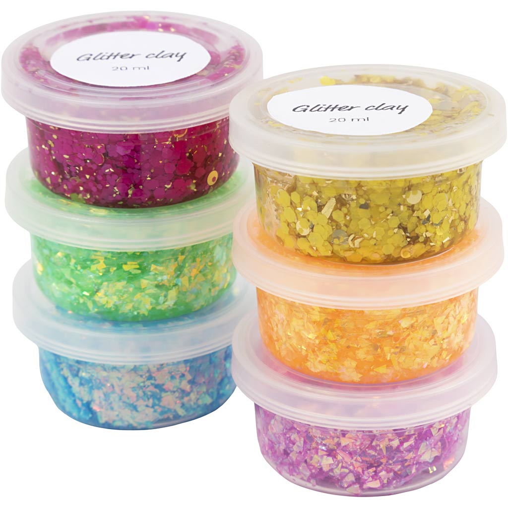 Creativ company glitter clay, cheerful colors, 6x20 ml 1 box