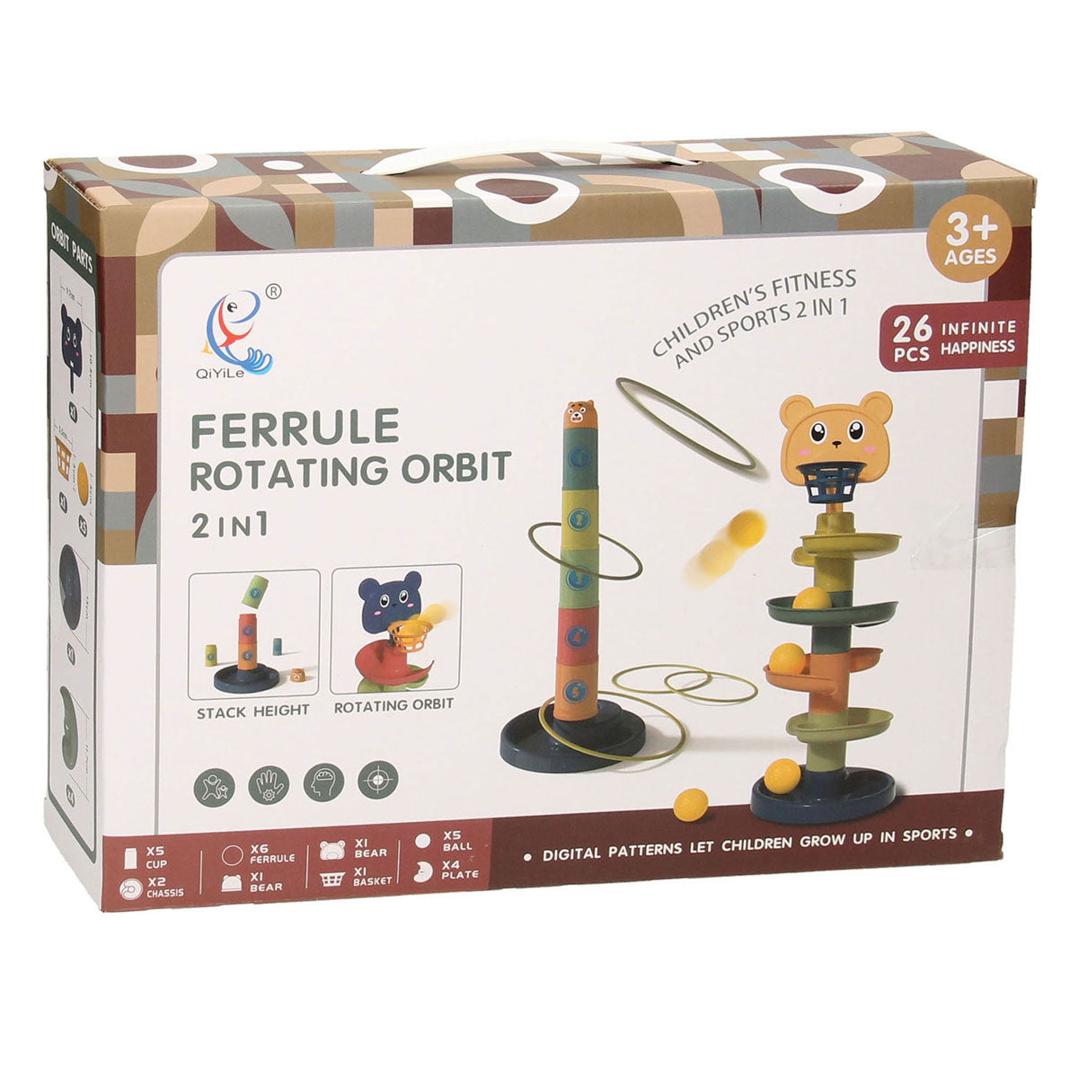 Stacking tower, ring toss and ball tower 3 in 1