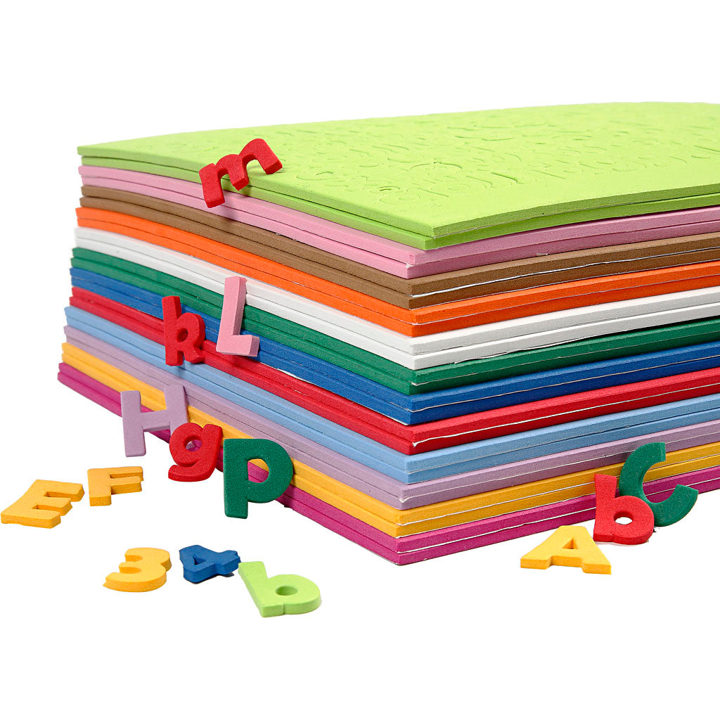 Creativ company eva foam numbers letters, h: 20 mm, thickness 3 mm, various colors, 24 div sheets 1 box