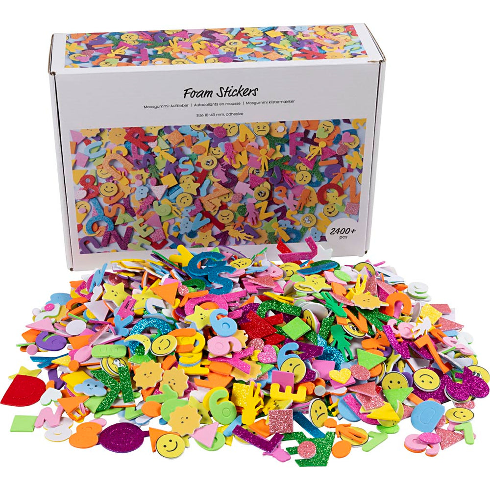 Creative Company foam stickers, emojis, geometric shapes, letters, and numbers, self-adhesive, sizes 10-40 mm, approx. 2460 div, various colors, 2640 pieces per box