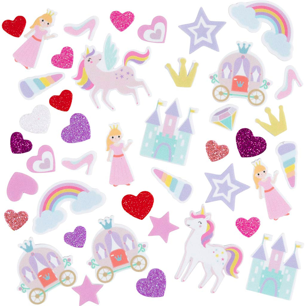 Creativ company foam stickers, heart, princess, unicorn, self-adhesive, size 13-50 mm, purple pink harmony, 150 pieces 1 box
