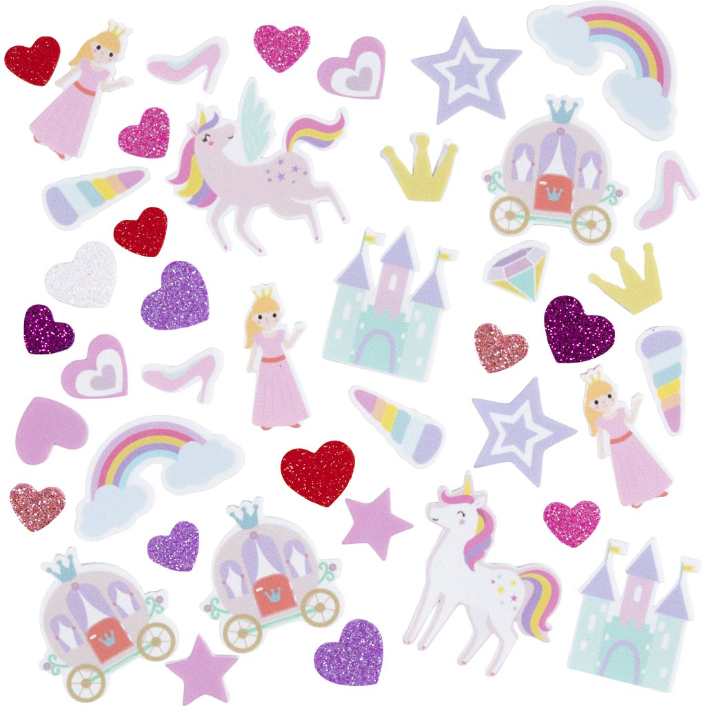 Creativ company foam stickers, heart, princess, unicorn, self-adhesive, size 13-50 mm, purple pink harmony, 150 pieces 1 box