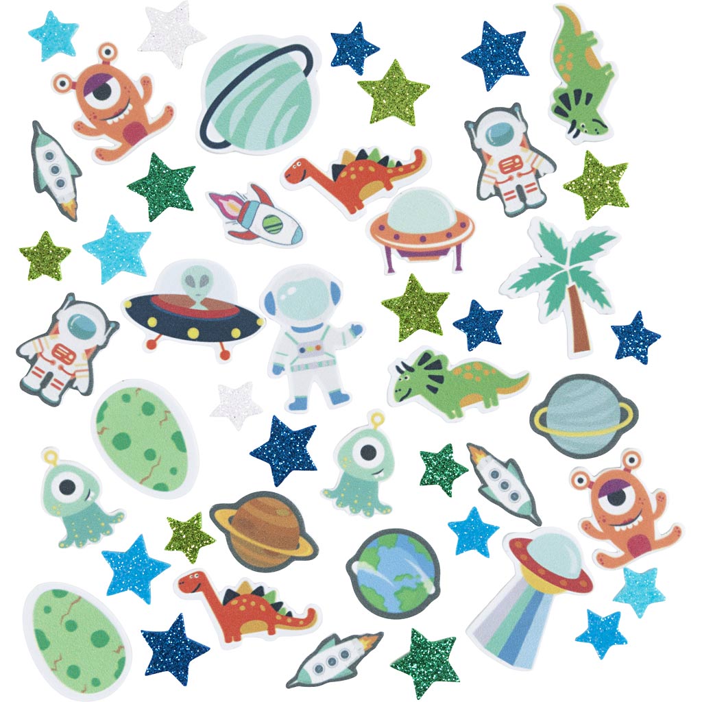 Creativ company foam stickers, star, UFO, dinosaur, self-adhesive, size 13-40 mm, blue-gray harmony, 150 pieces 1 box