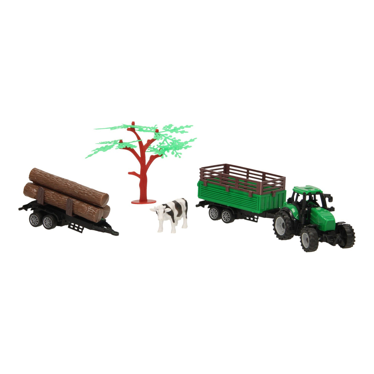 Tractor with trailer, logs and cow