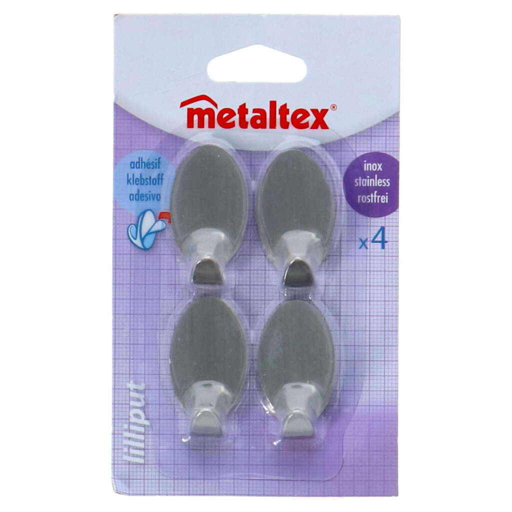 Metaltex oval adhesive hooks small 4 pieces stainless steel