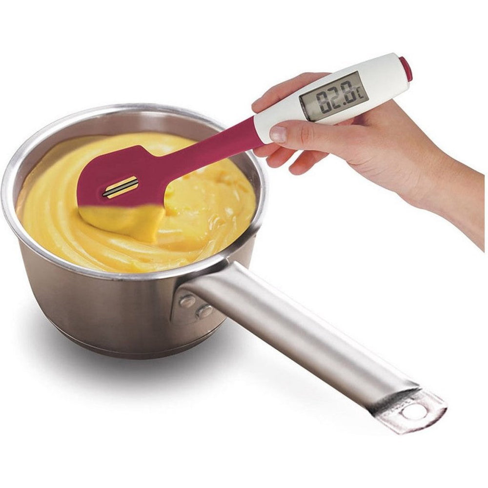Espátula dolceforno Metaltex con termómetro de cocina silicona violeta blanco