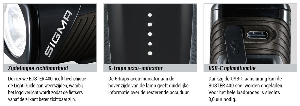 Sigma Headlight Buster 400 Bateria de íons de LED LED USB