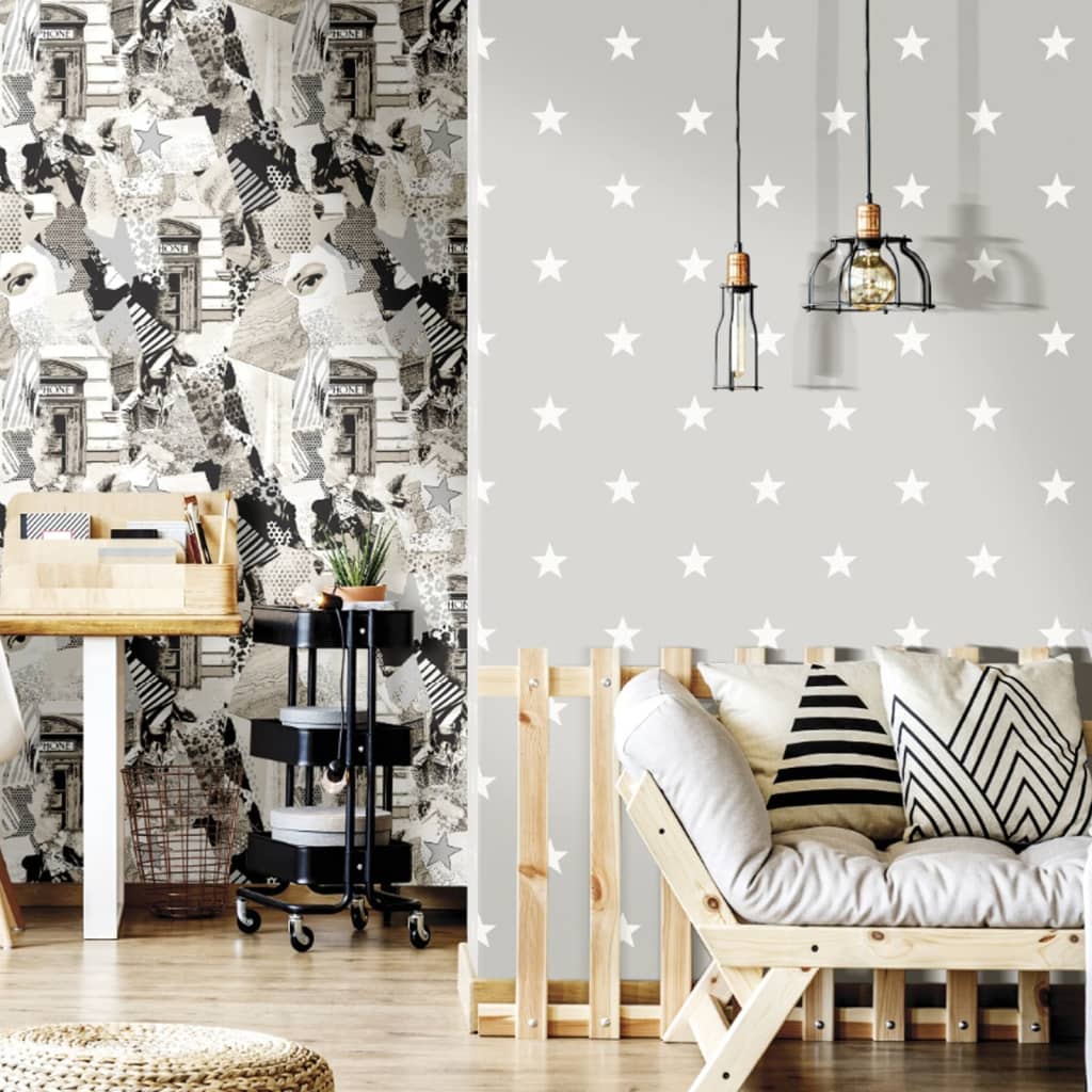 Noordwand Wallpaper Friends Coffee Little Stars Grigio scuro e bianco