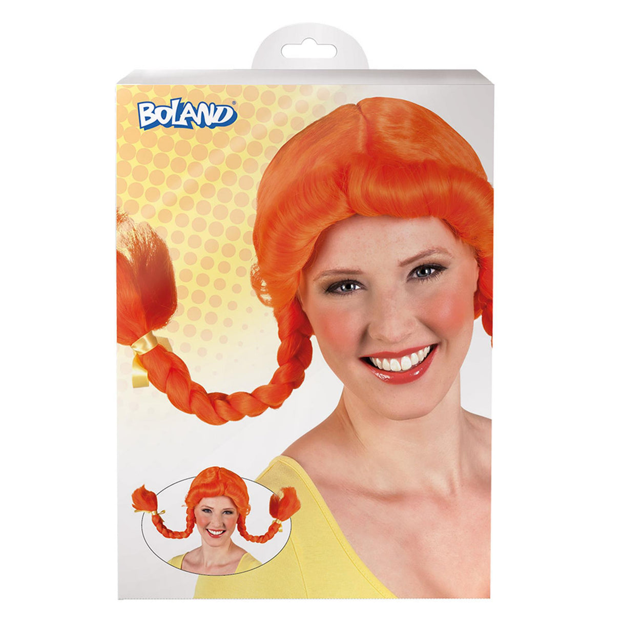 Boland pruik met oranje vlechten en strik