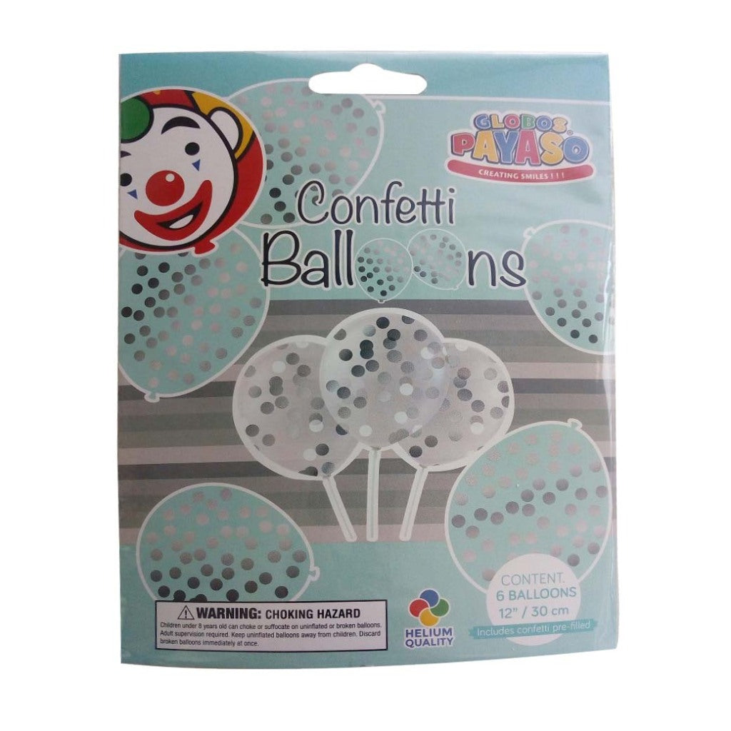 Ballons Globos avec confettis 6 pièces argent transparent