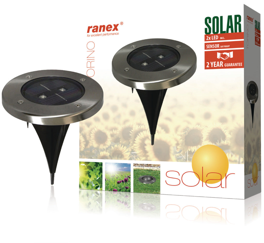 Ranex ra-5000389 round LED solar ground spotlight brushed stainless steel glass
