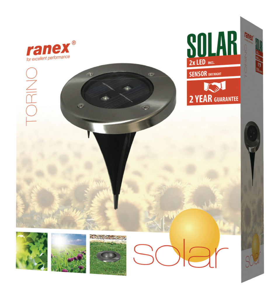 Ranex ra-5000389 round LED solar ground spotlight brushed stainless steel glass