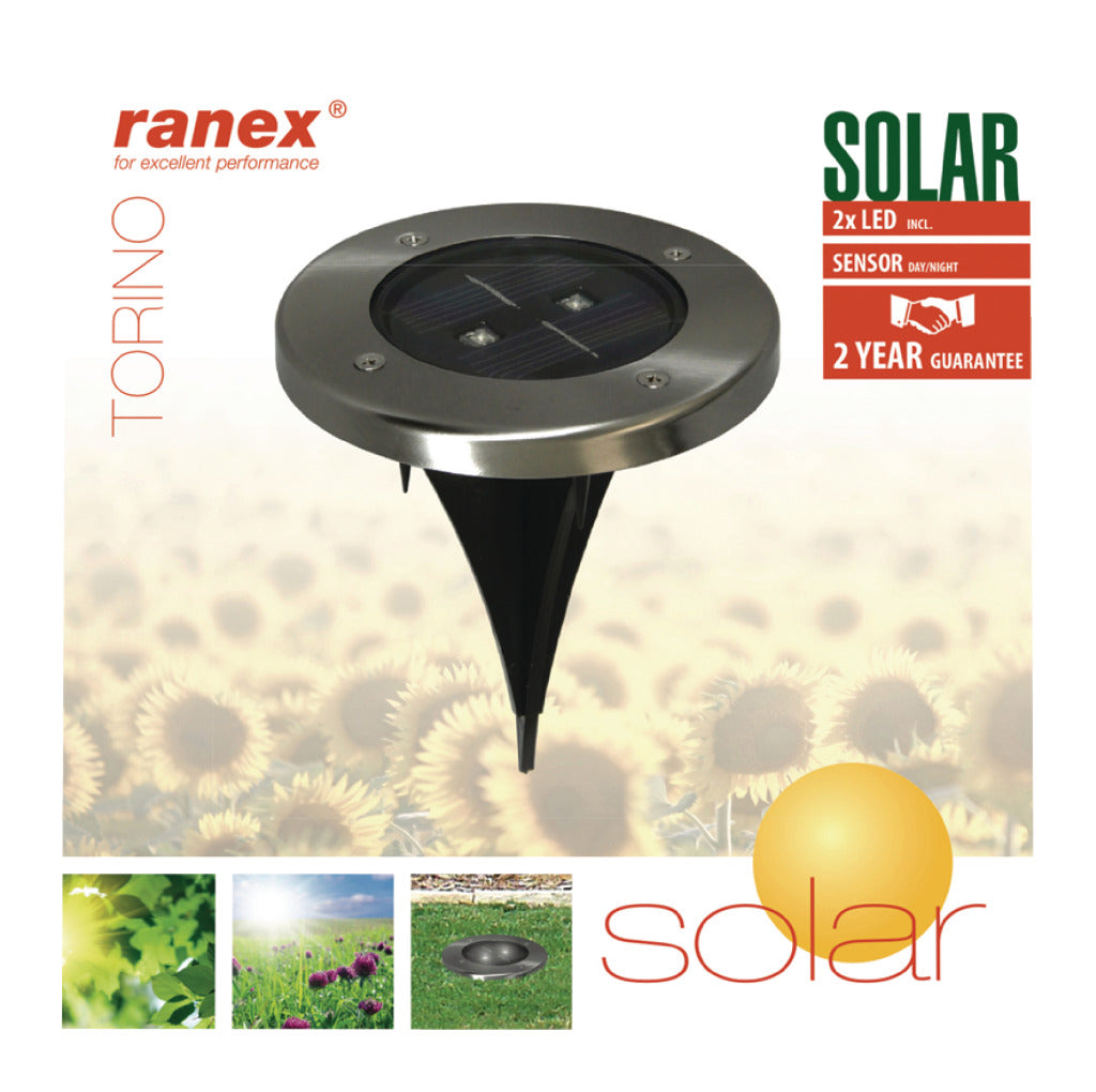 Ranex ra-5000389 round LED solar ground spotlight brushed stainless steel glass