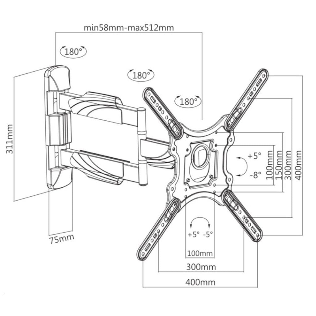 Cavus wme102 full motion единична стенна стойка за телевизор от 23-инчови екрани черни