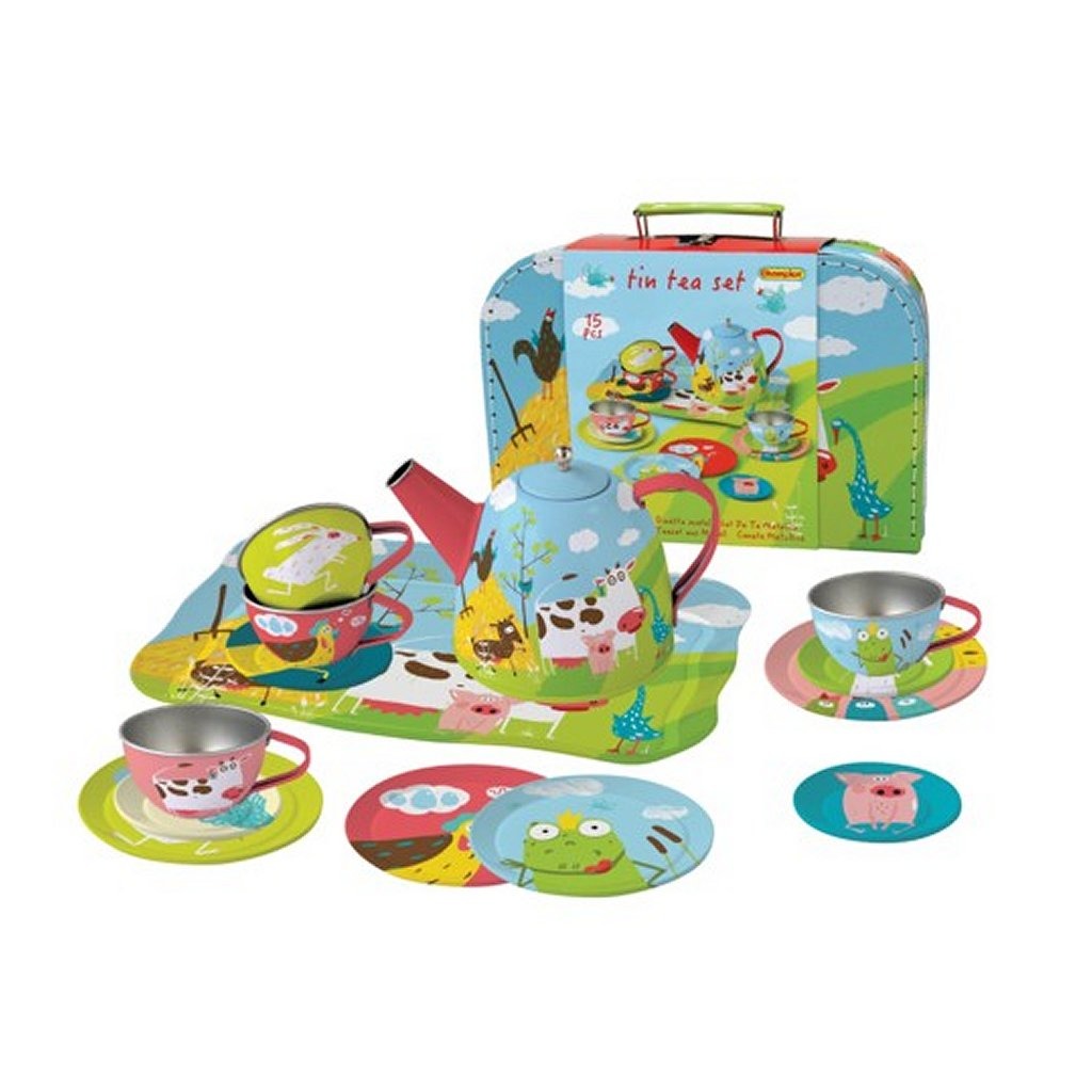 Simply for kids theeservies metaal in koffer met boerderijdieren 15-delig