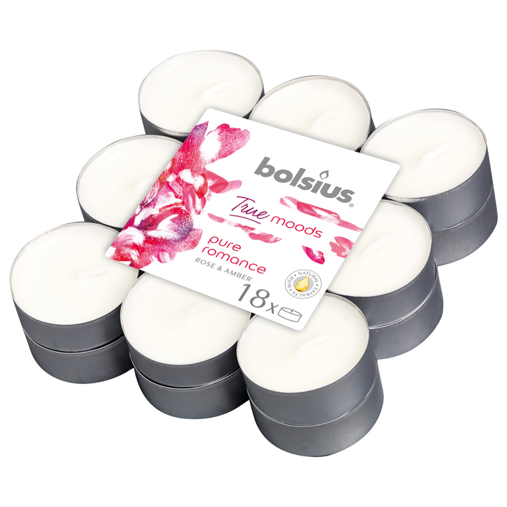 Bolsius True Moods parfüméierter Téiliicht pure Romantik Rous an Amber 18 Stéck