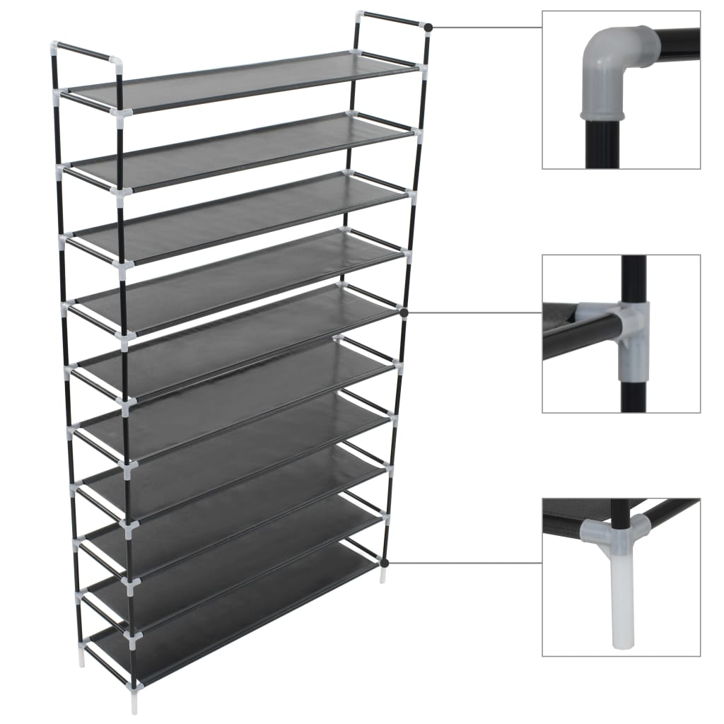 Vidaxl Shoe Rack with 10 Shelves Metal and Non-Woven Fabric Black