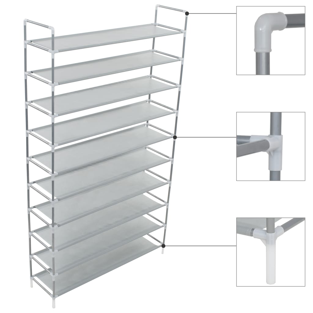 Vidaxl shoe rack with 10 shelves, metal and non-woven fabric, silver color
