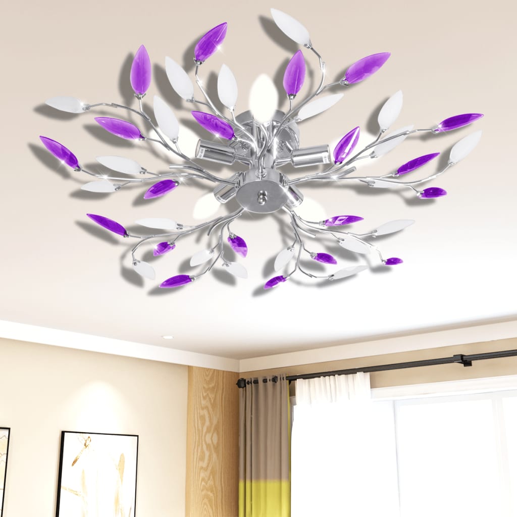 Lampe vidaxl avec des feuilles de cristal d'acrylique pour 5x e14 violet et blanc