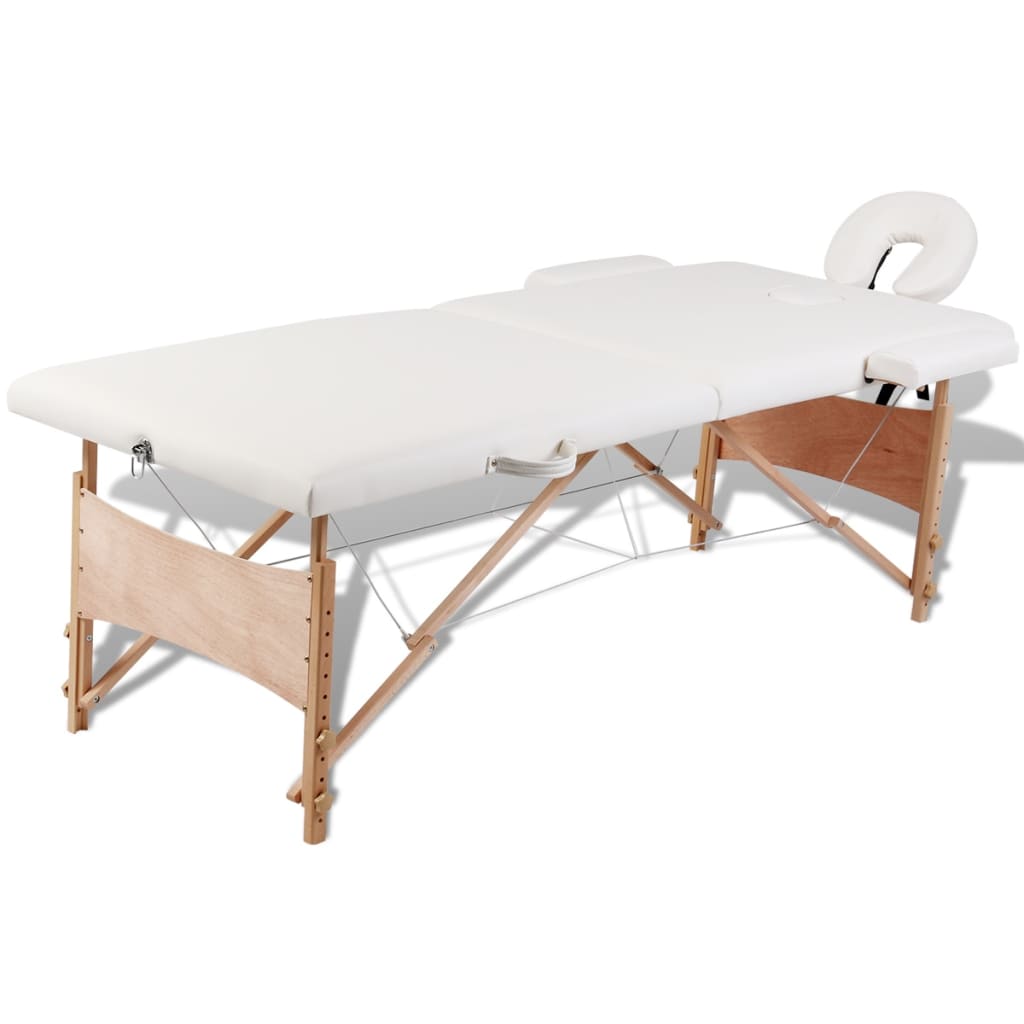 Vidaxl flappbar Massage Table 2 Zonen mat hëlze Frame (Creme)