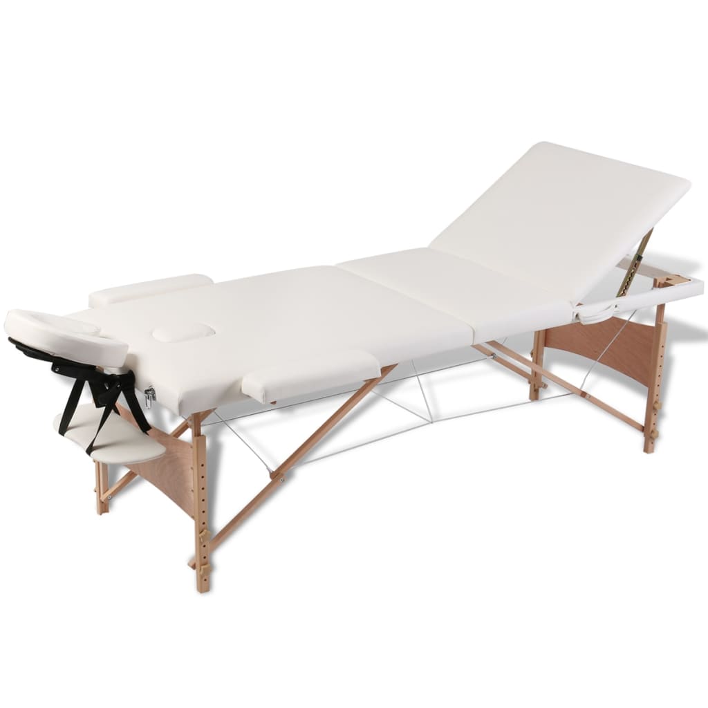 Vidaxl flappbar Massage Table 3 Zonen mat hëlze Frame (Creme)