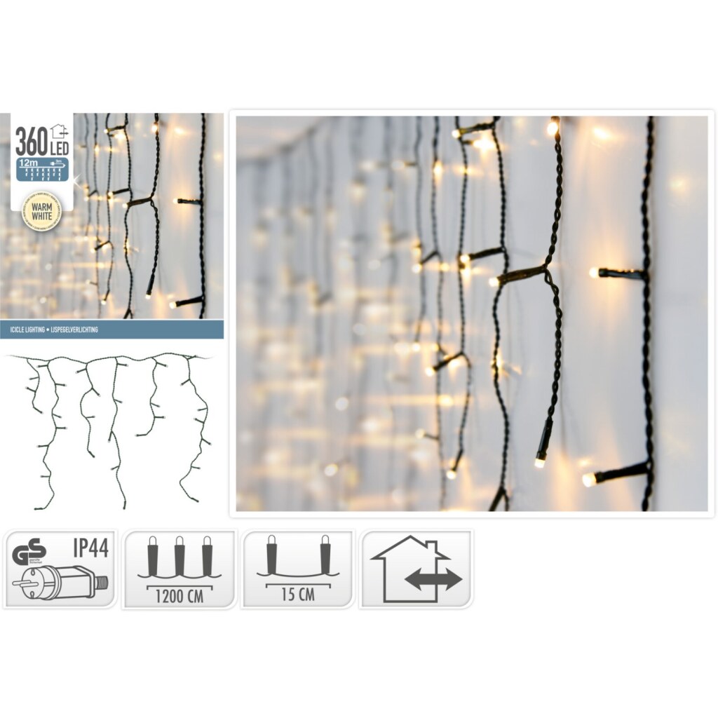 No brand kerst kest icicle lighting 360 led warm white outside 1200x52cm, ip44 adapter ce kema
