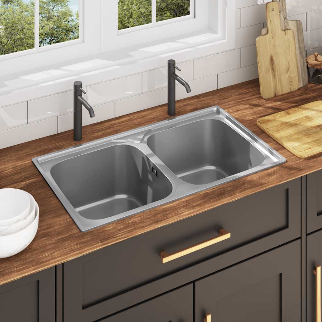 Vidaxl double bowl sink with drain and gooseneck stainless steel