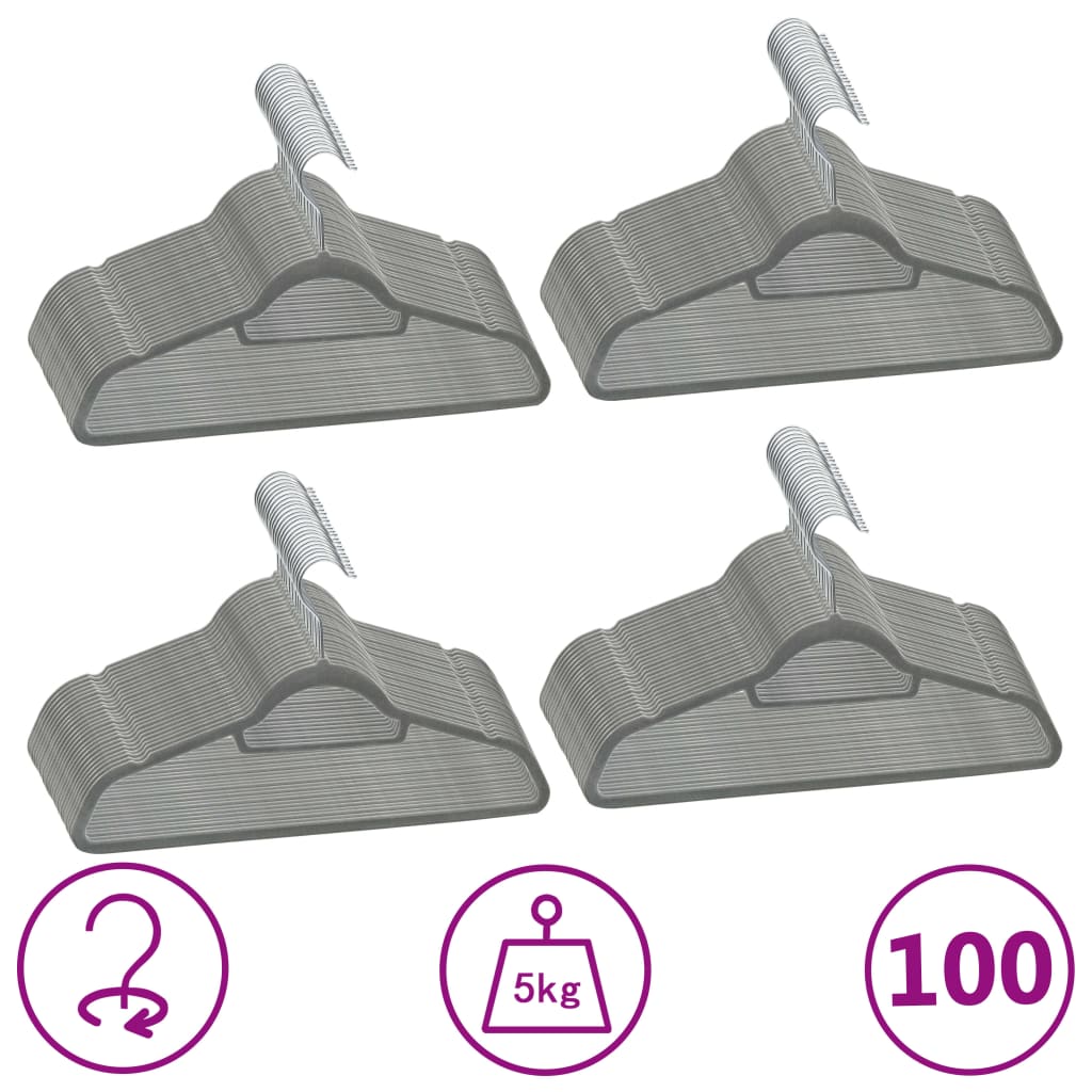 Vidaxl 100-Stéck Kleedung Hanger Set Anti-Rutsch Velvet Grey