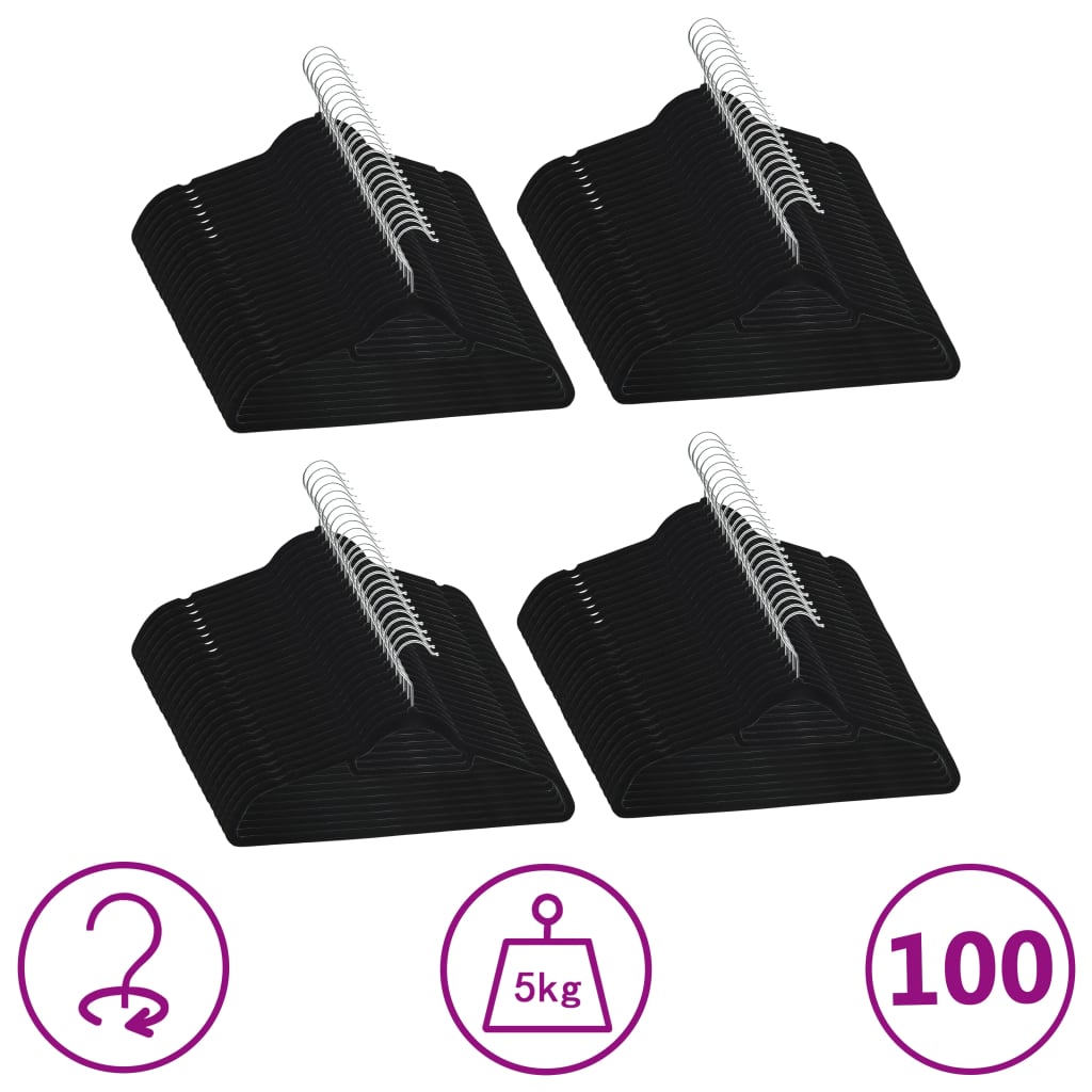 Vidaxl 100-Stéck Kleedung Hanger Set Anti-Rutsch Velvet schwaarz
