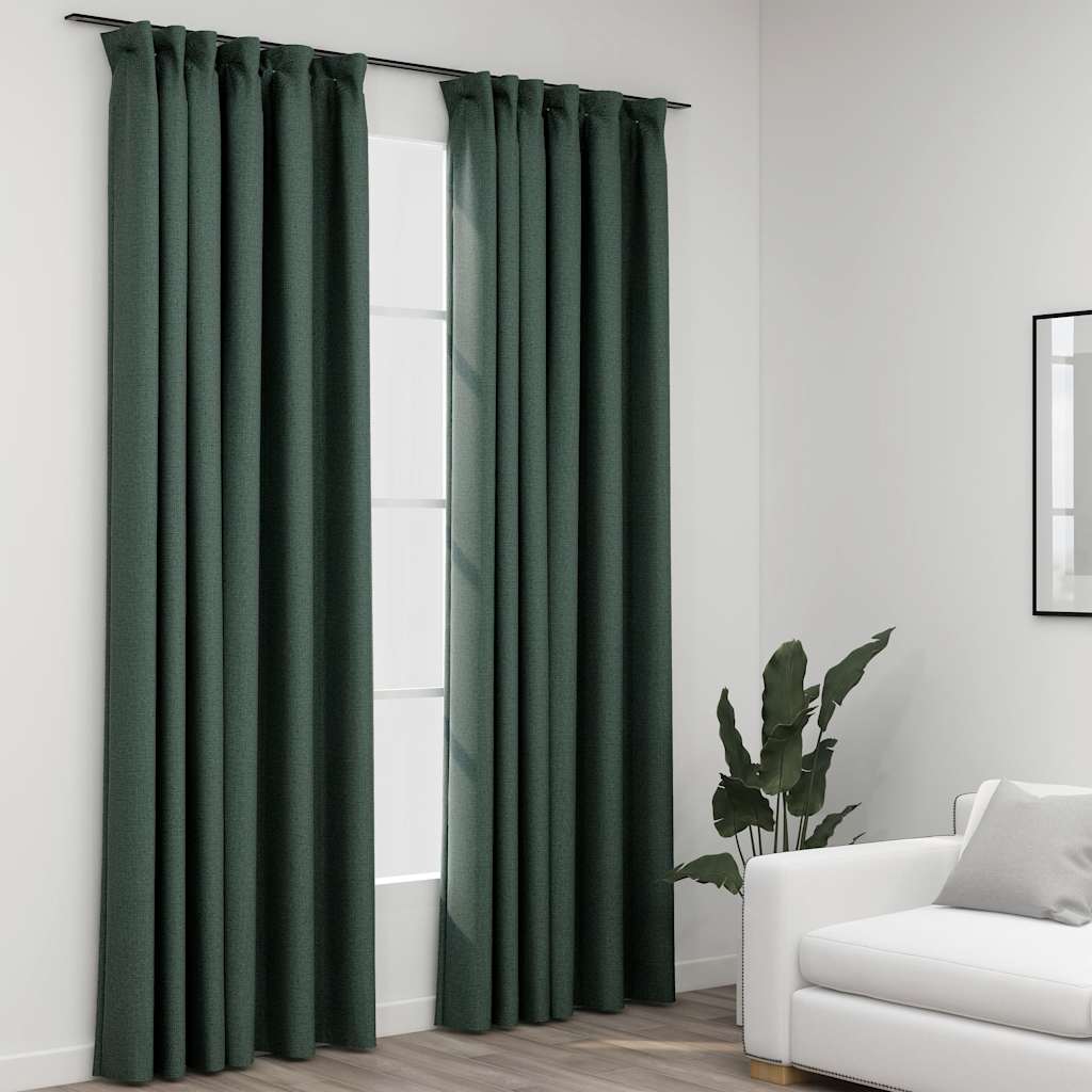Vidaxl curtains linen look blackout hooks 2 pcs 140x225 cm green