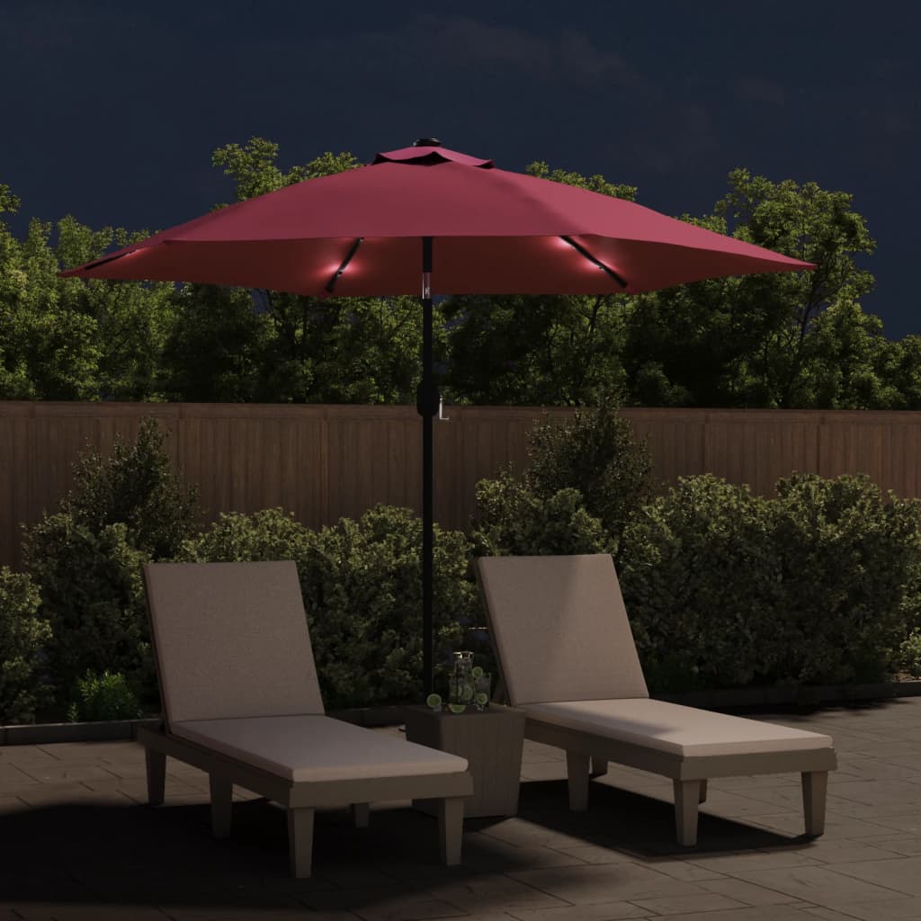 Vidaxl -parasol med LED -belysning og stålstang 300 cm Bordeaux rød