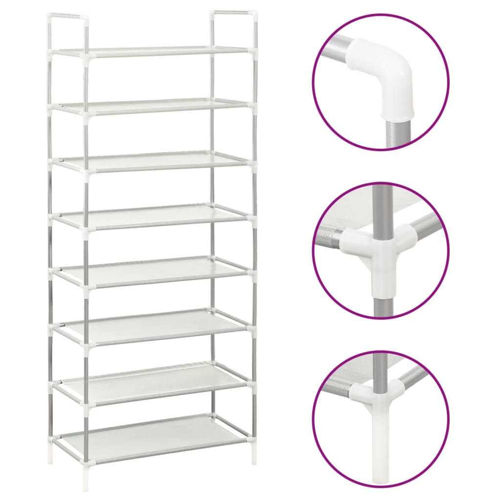 Vidaxl Shoe Rack with 8 Shelves, Metal and Non-Woven Fabric, Silver Color