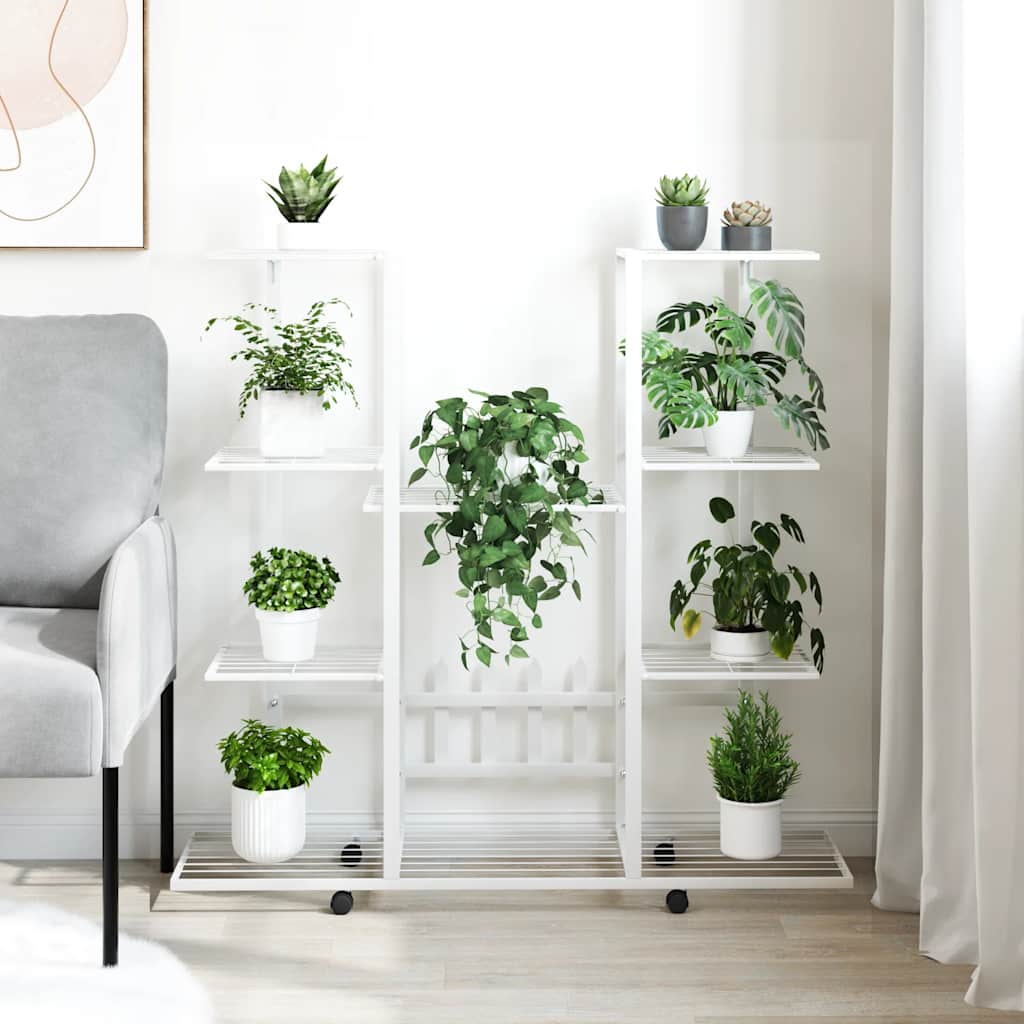 Vidaxl cvetni standard s kolesi 94,5x24,5x91,5 cm železno belo