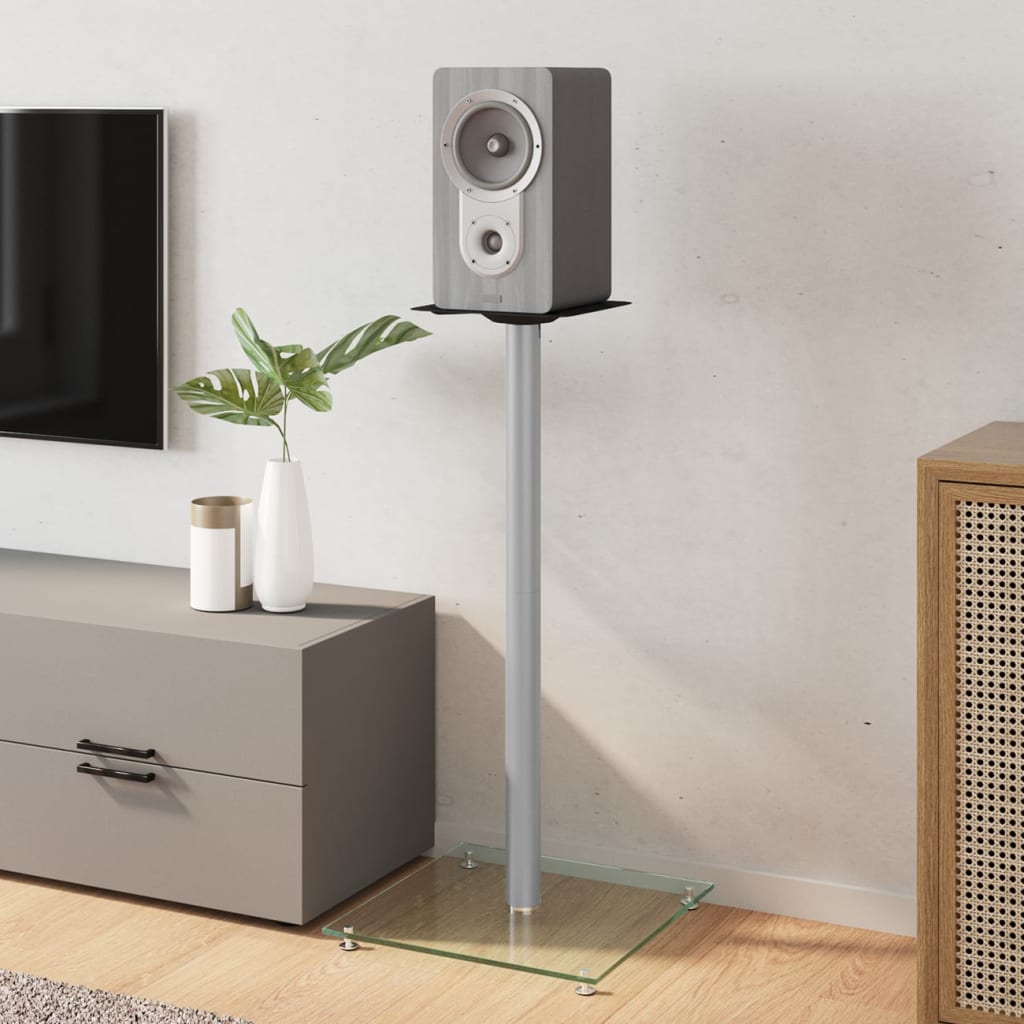 Стойки за високоговорители Vidaxl 2 бр. 1 колона закалено стъкло в сребрист цвят