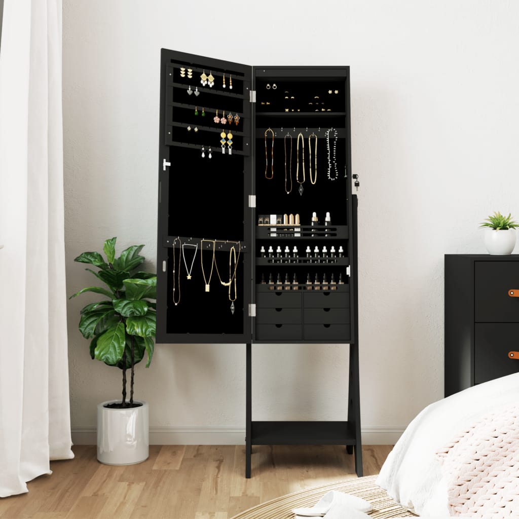 VidaXL armoire à bijoux avec miroir et éclairage LED sur pied noir
