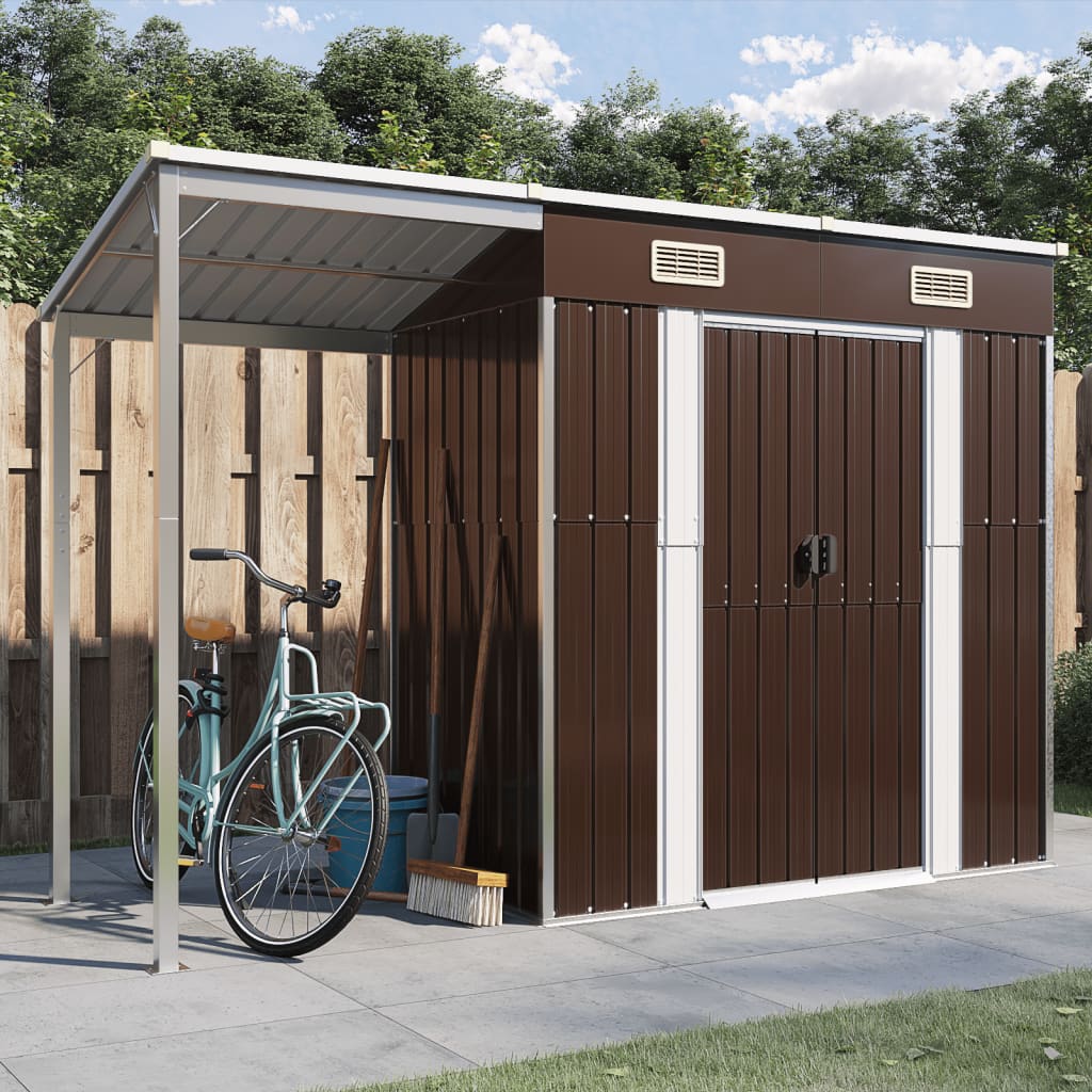 Vidaxl garden shed with extended roof 277x110.5x181 cm steel brown