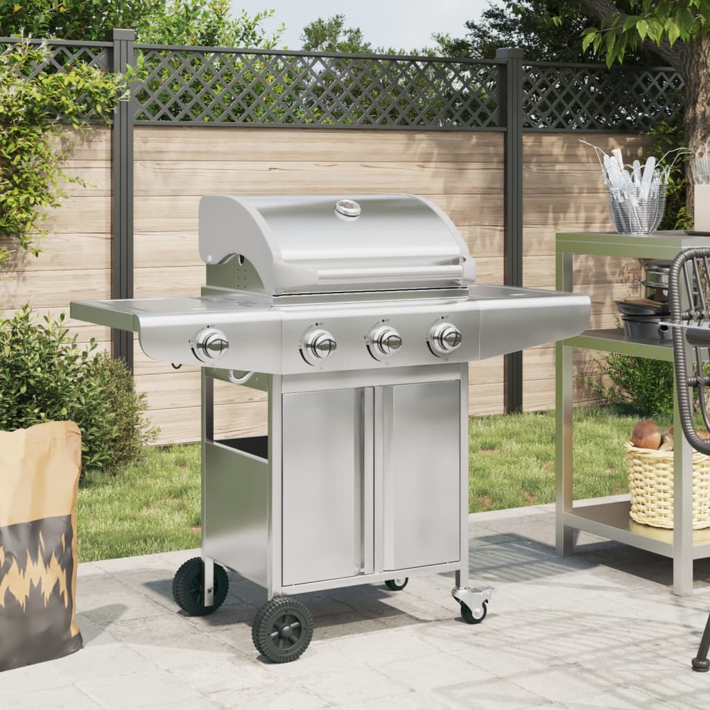 VidaXL Gas barbecue with 4 burners stainless steel silver-colored