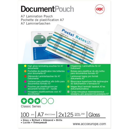 GBC laminating pouch A7 80x111mm 2 x 125 (250) micron matte