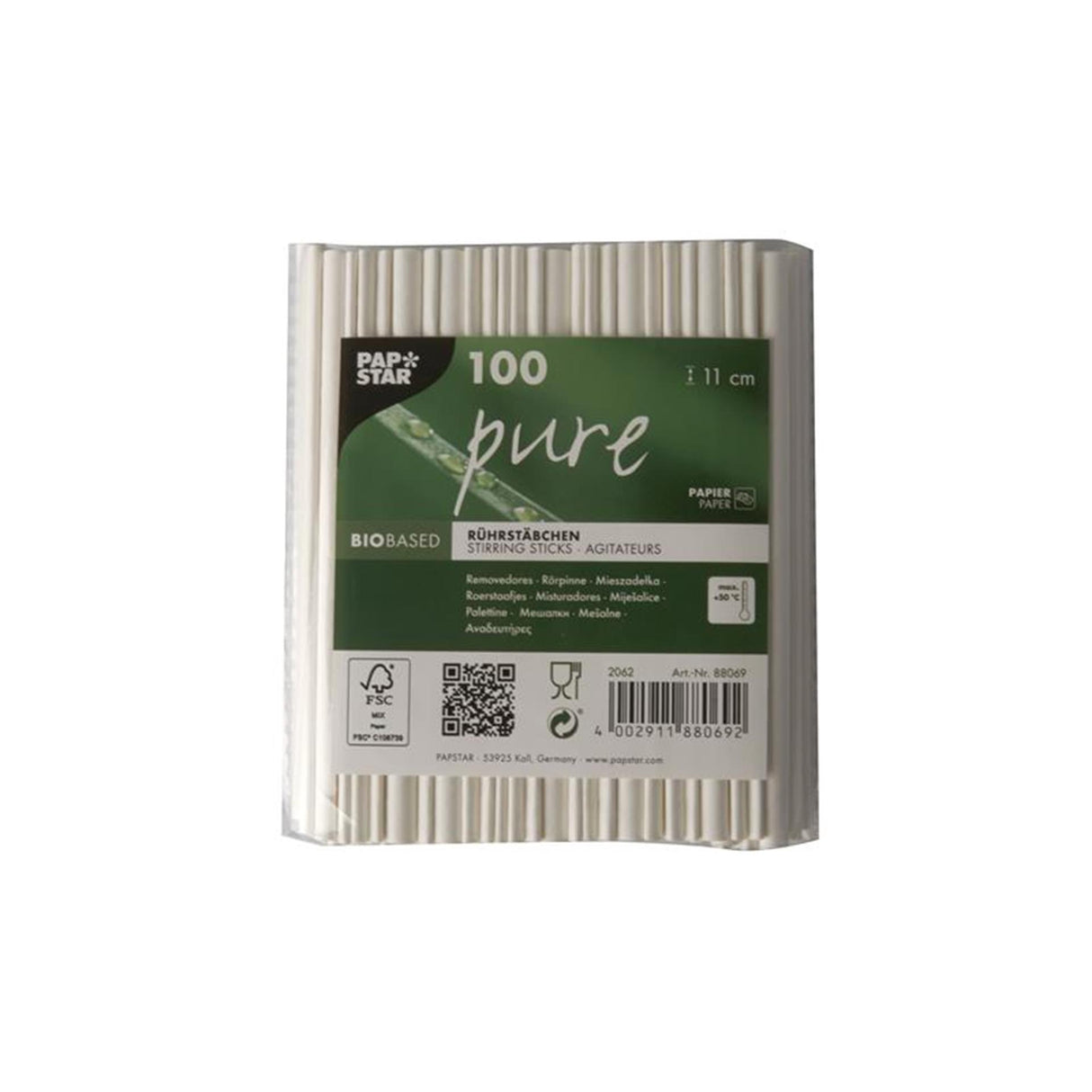 Papstar 100 roerstaafjes papier pure 11cm wit