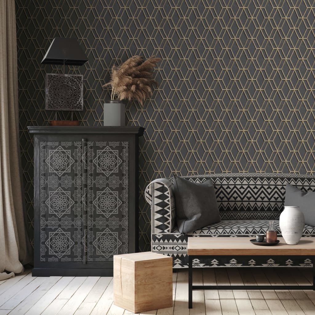 Dutch Wallcoverings Tapete sechseckig Schwarz und Gold