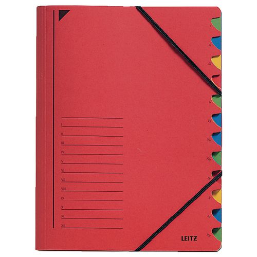 Sorteermappen leitz 320g m2 24,5 x 32cm rood hoekelastiek 12-delig maand