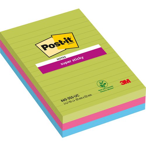 Super Sticky Notes 6603SSUC2 Post-it 102x152mm Lined Assorted