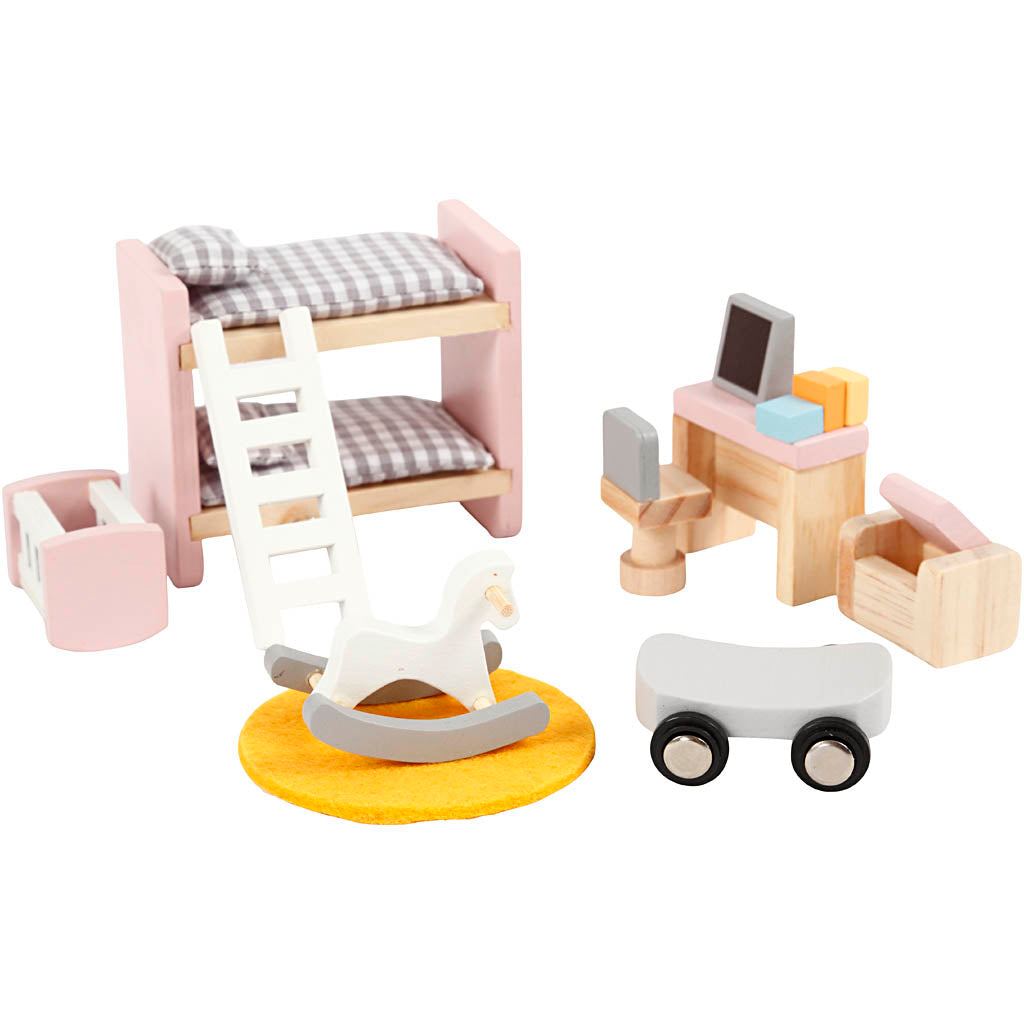 Viga furniture for dollhouse, children's room, dimensions 2x2x7.5 cm, 8 parts 1 set