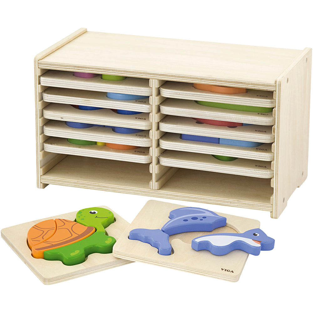 Viga puzzle rack with 12 jigsaw puzzles, h: 17.5 cm, l: 31.5, w: 16 cm, 2 parts, 12 pieces 1 set